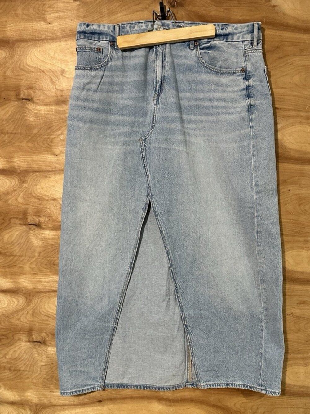 American Eagle Sz 12 Curvy Drape Low-Rise Denim Maxi Skirt Split Slit Modest